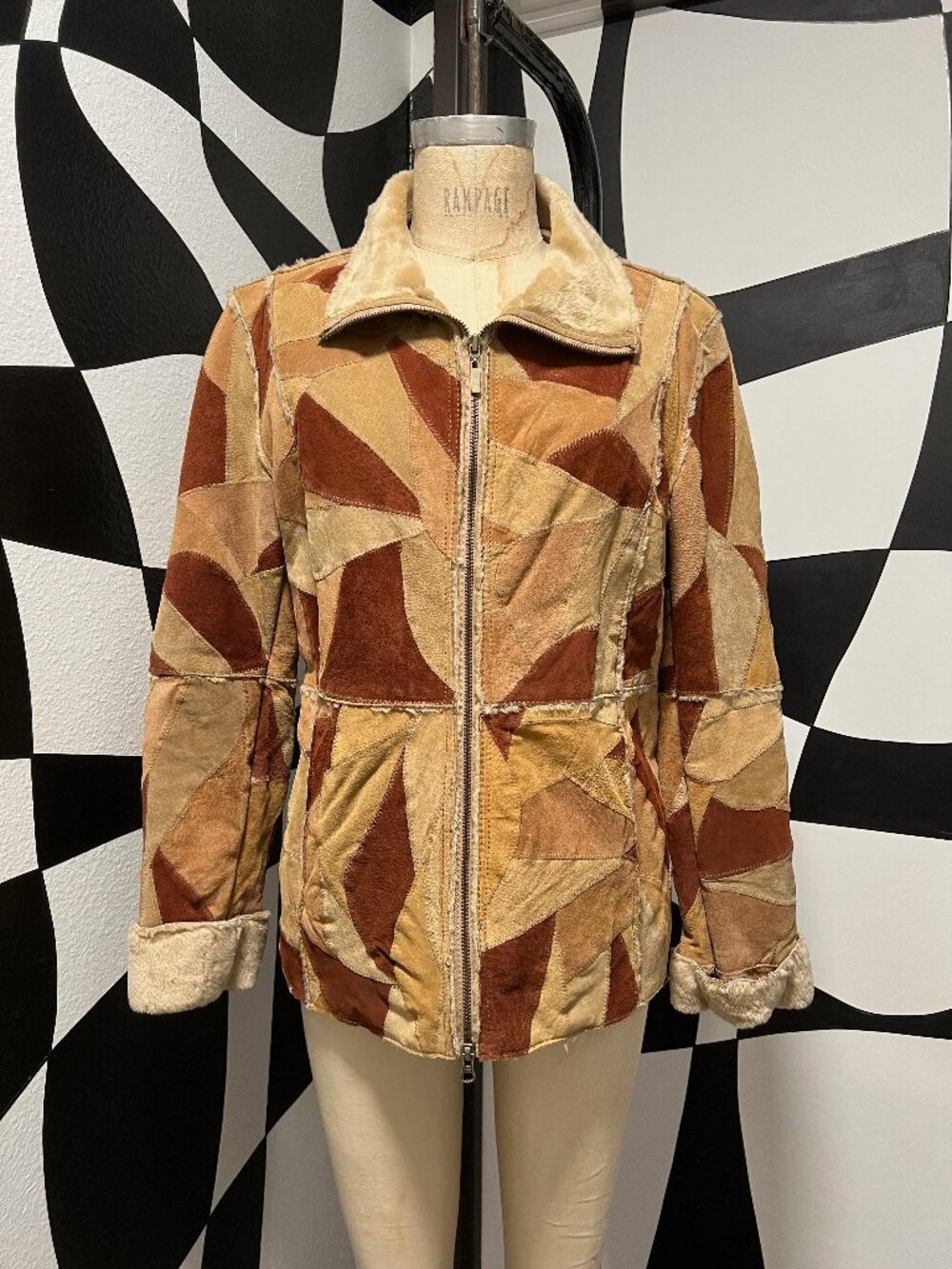 EUC Vintage Y2K 90s Winlit Genuine Leather Patchwork Fur Lined Coat Medium